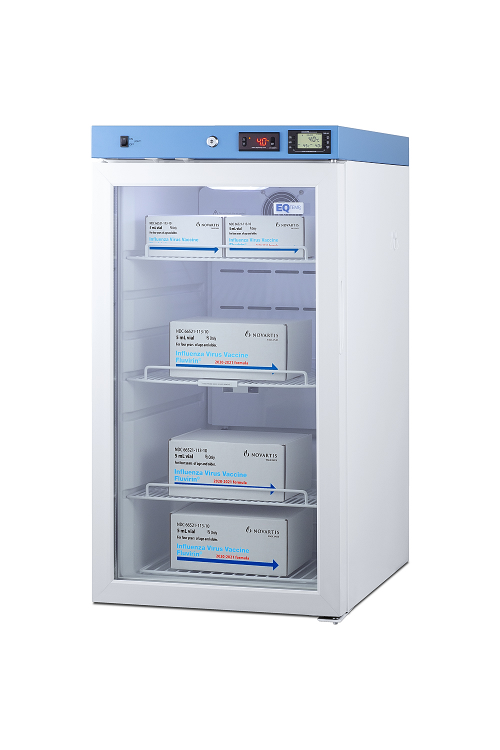Healthcare all-refrigerator certified to NSF/ANSI 456 with self-closing glass door, front lock, digital controls, and NIST-calibrated temperature readout